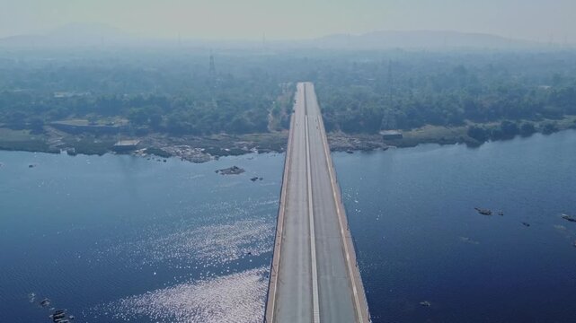 Diu, Gujarat, INDIA- 29th January 2025. Aerial view showing  Dr Shamji Bridge which is the lifeline of the island of Diu. This bridge connects state of Gujarat to Union Territory of Diu Daman.