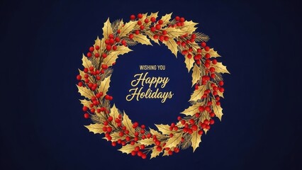 Festive golden holly wreath with red berries and pine branches encircling dark blue background with happy holidays text