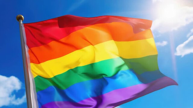 The iconic rainbow LGBTQ pride flag fluttering in the wind against a clear blue sky with a few scattered clouds.