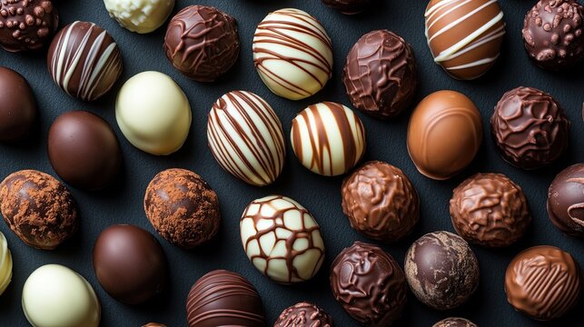 An assortment of swirled chocolate Easter eggs in white, milk, and dark chocolate.  - Powered by Adobe
