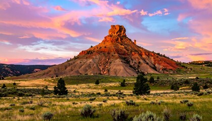 Striking sunset over a red rock formation in a grassy, open landscape, with a vibrant pink and blue sky