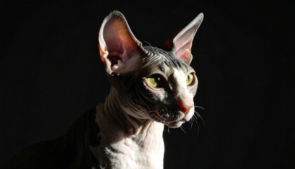 Striking portrait of a hairless cat with prominent ears against a dark backdrop, illuminated for contrast