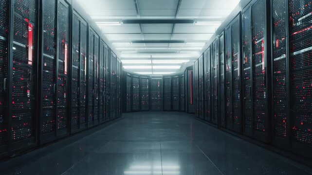 A modern data center with server racks illuminated by red lights.