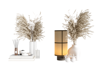 Dried pampas grass in vase with decoration isolated on white