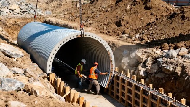 Installation of an arched drainage culvert captured from middistance showcasing the curved structure being secured into an excavation site for natural water flow.