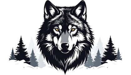 Striking wolf portrait with intense gaze, surrounded by stylized pine trees on a white background