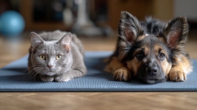 Cat and puppy lying together on yoga mat