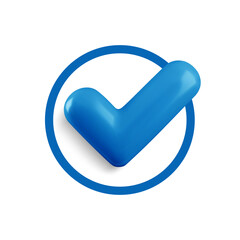 Vector realistic 3d Check mark in flat circle icon. Trendy plastic blue checkmark, select circle icon on white background. Blue round yes button. 3d render tick sign for web, app, design, game.