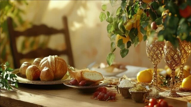 Decorated wooden dining table with food and drink.