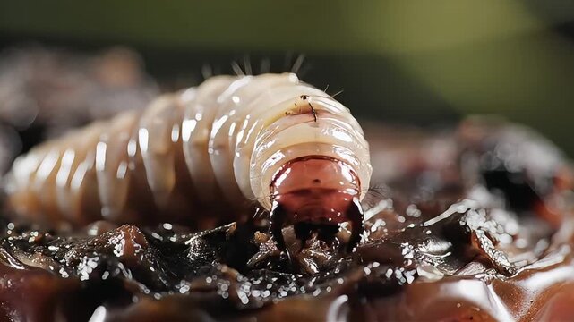 Close-up macro shot of a creamy white grub worm eating decaying organic matter, suitable for nature documentaries, biological studies, and pest control awareness content.