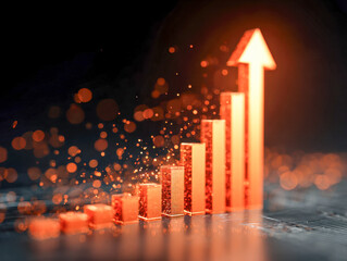 Glowing orange 3d bar chart with rising arrow symbolizing financial growth and upward business success on dark background with bokeh light effects