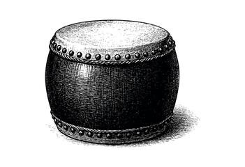 A classic black and white engraving style illustration of a traditional barrel drum with detailed textures and shading, set against a clean white background.