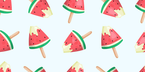 Seamless summer pattern with watermelon popsicles ice cream on light background. Ideal for fabrics, wrapping paper, packaging, and playful decorative designs