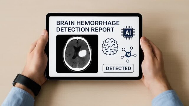 ai radiology analysis concept. Medical report on brain hemorrhage detection displayed on a tablet.