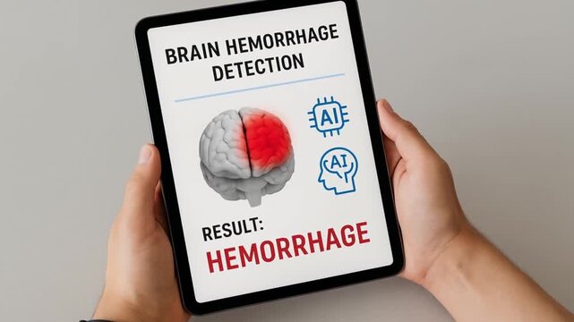 ai radiology analysis concept. Brain hemorrhage detection displayed on a tablet screen.