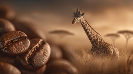 Giraffe among Ethiopian coffee beans in dreamy African savanna concept