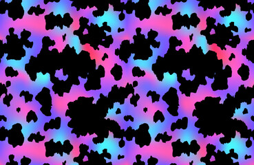 Cow rainbow gradient pattern background. Vector animal skin print, black dalmatian spots on holographic background. Natural spotted texture for textile, decor, wrapping, backdrop, wallpaper, banner.