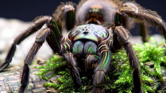 Close-up of a vibrant, iridescent tarantula on mossy branch