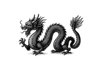 A detailed black and white illustration of a mythical dragon in a vintage woodcut style, on a clean white background, conveying fantasy and ancient lore.