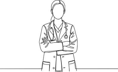 Fototapeta premium Single continuous line drawing a female doctor standing confidently with her arms crossed, One continuous line drawing female doctor with stethoscope. 