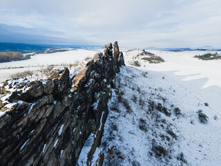 Aerial Winter View of the Teufelsmauer Rock Formation in the Harz Mountains