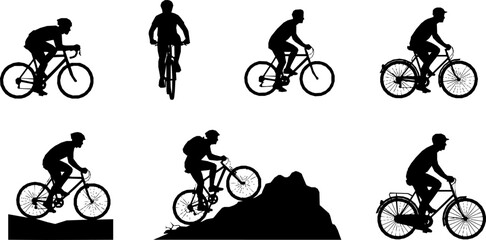 Naklejka premium cycling man silhouette icon set, cycle silhouette free, bicycle silhouette vector, bicycle man silhouette 