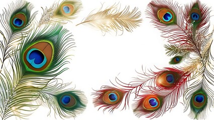 Obraz premium Vibrant peacock feathers, showcasing an array of colors and intricate patterns against a white backdrop