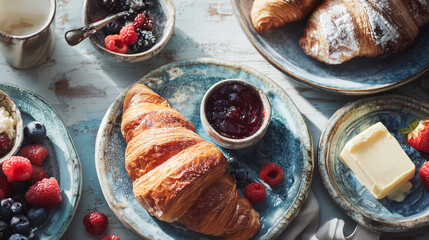 Overhead flat-lay of rustic breakfast spread: croissants, jam, butter, fresh berries, ceramic plates, natural morning light, clean composition, premium food photography
