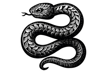 Obraz premium A highly detailed, black and white, woodcut-style illustration of a coiled serpent with intricate leaf-like patterns adorning its body against a stark white background.