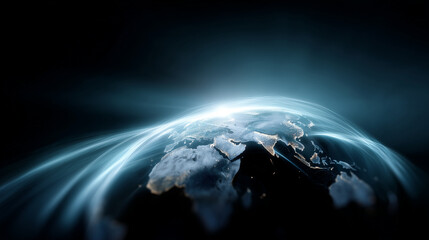 A futuristic global network visualization showing planet Earth with a detailed world map illuminated by blue digital connections. Glowing plexus lines and nodes arc across continen