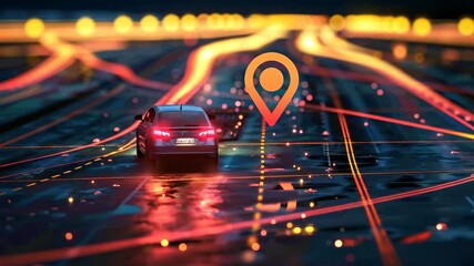 Autonomous vehicle navigating a digital smart city map. - Powered by Adobe