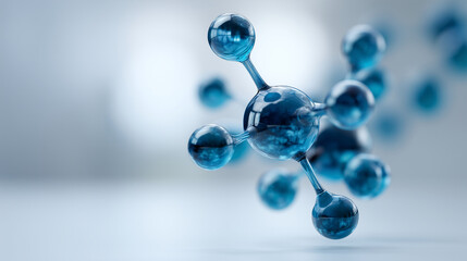 A close-up view of a blue transparent molecular structure composed of interconnected spheres and bonds, floating in a clean light-blue scientific background. The molecule appears g