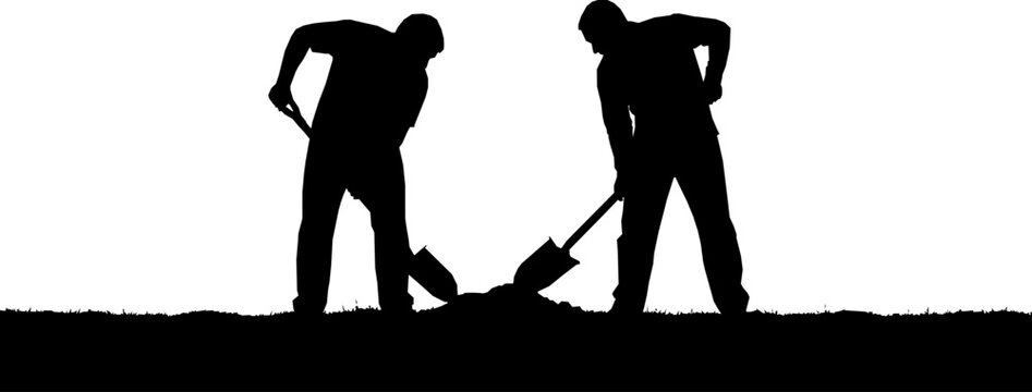 Two figures in silhouette digging with shovels on a white background
