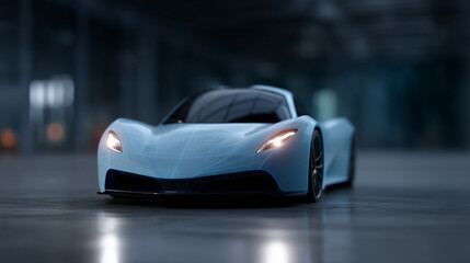 Futuristic sports car seen from the front in a dark high-tech environment, sleek aerodynamic body with glowing LED headlights. Transparent digital wireframe overlay intersects with