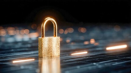 Shiny golden padlock symbolizing digital security and data protection on a futuristic circuit board with glowing lights and dark background atmosphere