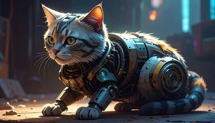 Striped cat with cybernetic enhancements against a blurred city backdrop