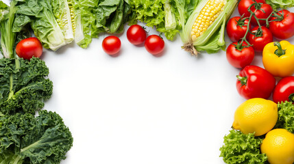 Assorted fresh vegetables lettuce kale corn cucumber tomato lemon yellow bell pepper arranged on white background