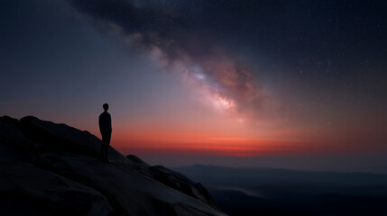 Ultra-detailed cinematic scene of a lone human standing on the peak of a rocky mountain at night, viewed from behind, gazing into the vast universe. Above him stretches a dramatic