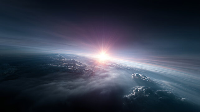 Earth sunrise from outer space over a cloudy ocean, with the bright sun emerging exactly on the horizon line and casting symmetrical radiant light beams across the atmosphere. Smoo