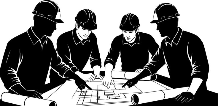 Four construction workers in hard hats reviewing blueprints and plans silhouette
