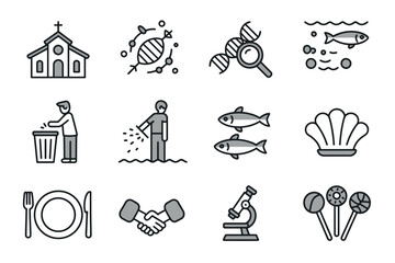 Various Line Icons for Daily Life, Science, and Food Concepts in Simple Black and White Style