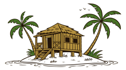 Stylized Tropical Island Hut Illustration with Palm Trees and a Sandy Beach Scene