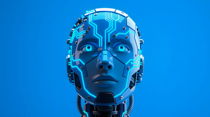 Stylized futuristic robot head made of glowing blue circuit board segments, looking upward, forward, symbolizing AI foresight and technological progress.