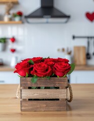 Fototapeta premium Red roses are elegantly arranged in a charming wooden box on a table, set against a softly blurred kitchen background adorned with Valentine's decorations 