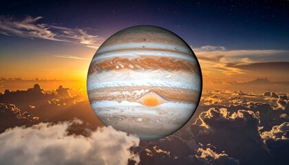 Striped Jupiter planet image against a cloudy, bright sunset background