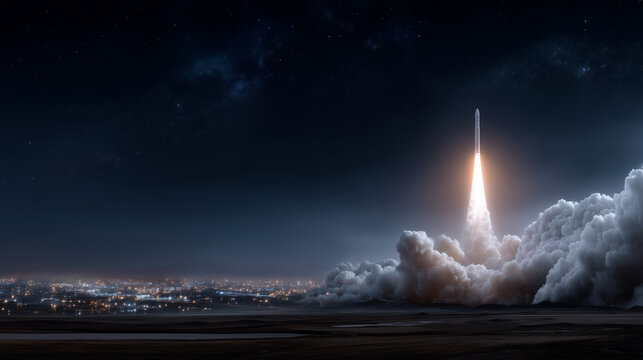 Powerful rocket launch at night from Earth surface, dramatic vertical composition with spacecraft ascending into deep space, bright engine flame and thick illuminated smoke trail,
