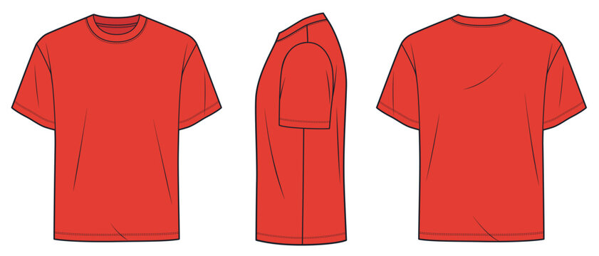 Red T-Shirt Technical Fashion Illustration. Classic Crew Neck T-Shirt fashion flat technical drawing template, relaxed fit, front, side and back view, women, men, unisex CAD mockup set.