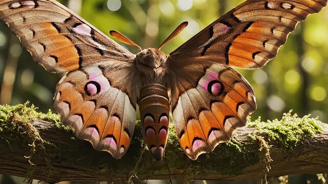 A majestic large moth with intricate orange, brown, and pink patterns resting peacefully on a moss-covered tree branch in a lush, bokeh-filled natural environment, perfect for wildlife documentaries.