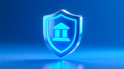 3D rendering of a glowing neon blue shield with a bank icon, symbolizing digital financial security.