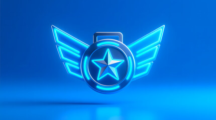 A stylized medal or badge featuring a star and upward wings, all rendered in glowing blue neon, against a pure, solid futuristic blue neon background.